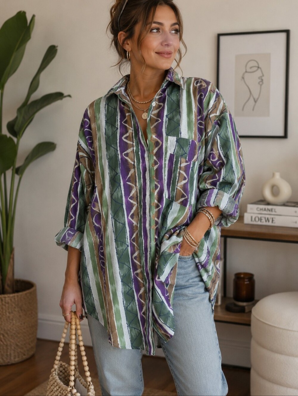 Liz Thomas Long Colorful Button-Down Women's Shirt Size M